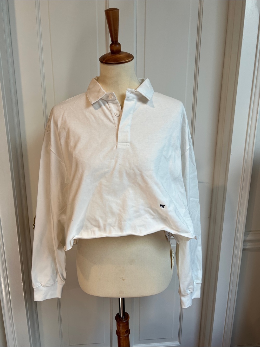 Homme girls White Cropped Long-Sleeve Polo with Small Embroidered Logo